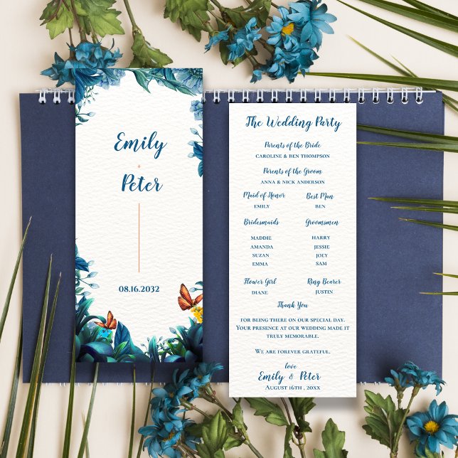 Blått Botaniskt Fjärilbröllopsprogramkort Inbjudningar (Blue Botanical Butterfly Wedding Program Card)