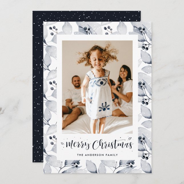 Blått botaniskt foto-God jul-kort Julkort (Fram/baksida)