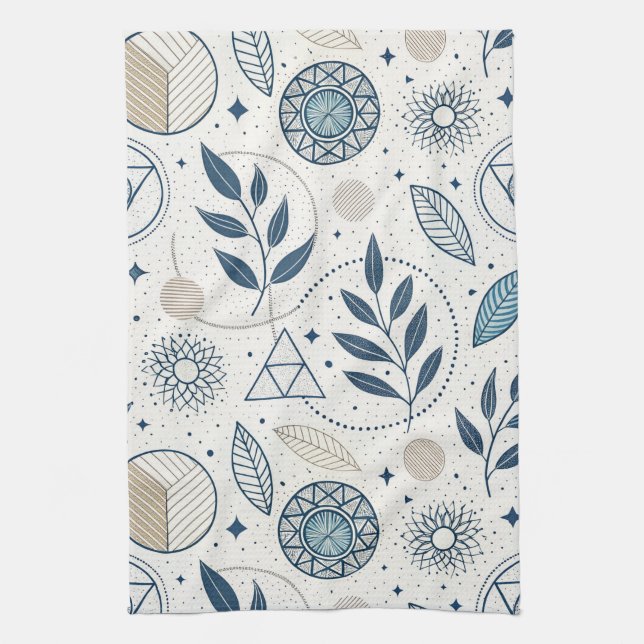 Blått botaniskt geometriskt doodle kökshandduk (Vertikal)