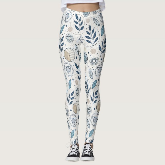 Blått botaniskt geometriskt doodle leggings (Framsida)
