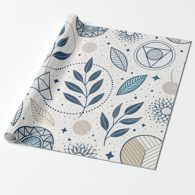 Blått botaniskt geometriskt doodle presentpapper (Utrullad)