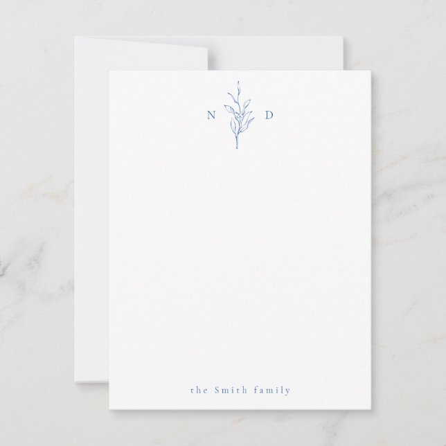 Blått botaniskt monogram personlig Stationery Anteckningskort (Framsida)