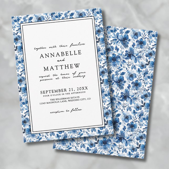Blått Botaniskt Mönster Elegant Blommigt Bröllop Inbjudningar (Blue Botanical Pattern Elegant Floral Wedding Invitation)