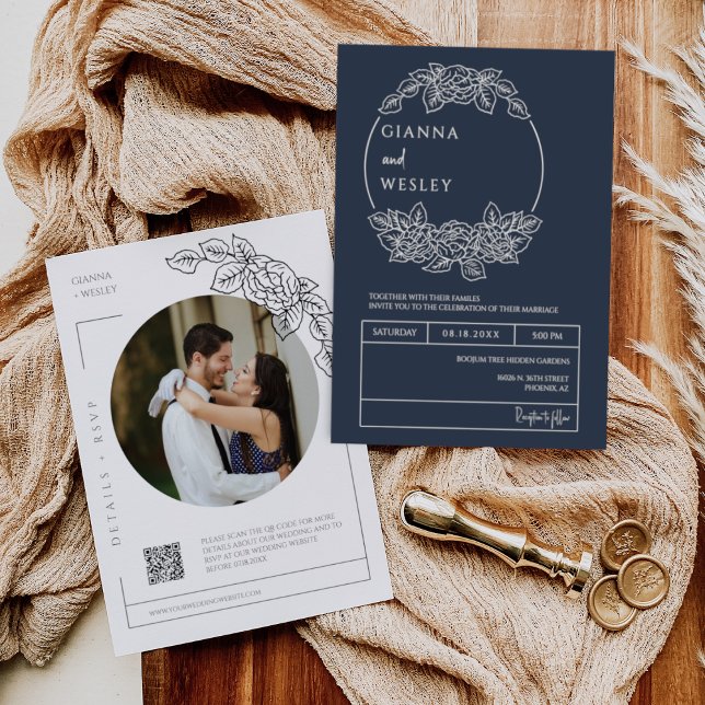 Blått botaniskt streck Art Boho QR-kodsfoto Inbjudningar (Skapare uppladdad)