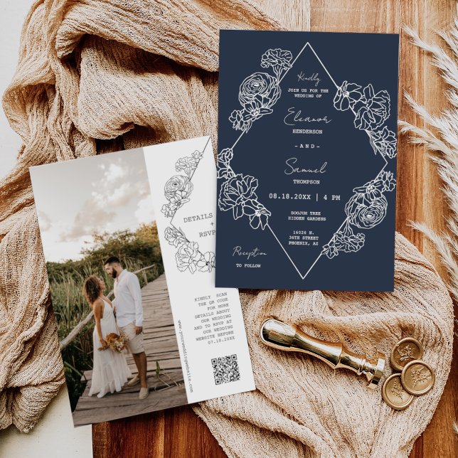Blått botaniskt streck Art Boho QR-kodsfoto Inbjudningar (Skapare uppladdad)