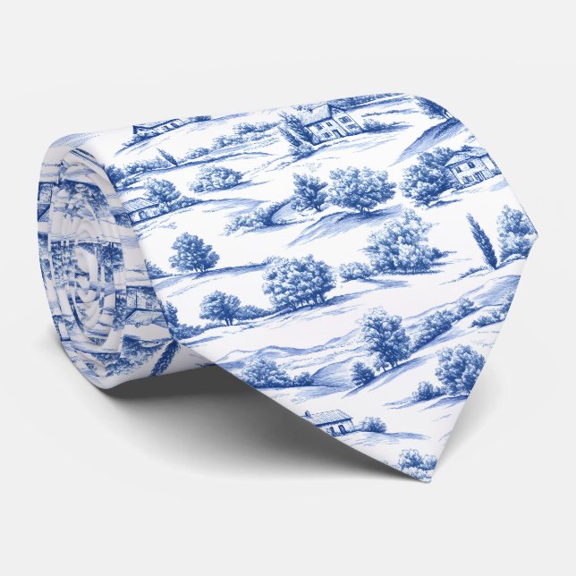 Blått Botaniskt Toile-mönster Slips (Rullad)