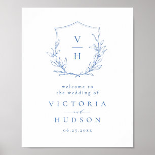 Blått botaniskt vapensköld monogram bröllop välkom poster