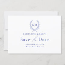 Blått botaniskt Vapensköld Monogram Spara datum