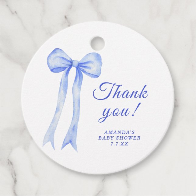 Blått Bow Babydusch Tack Gåvor Etiketter (Framsida)