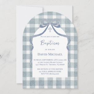 blått bow gingham mönster Dop Inbjudningar