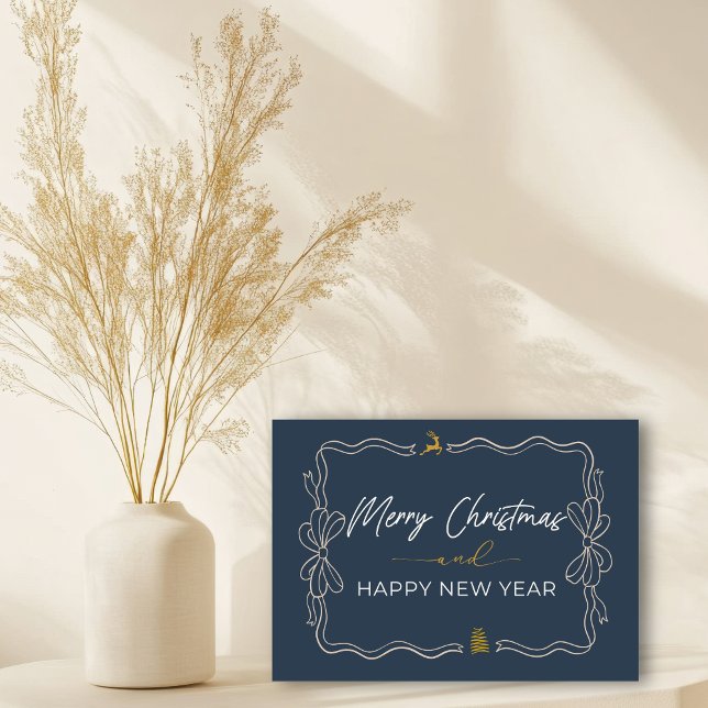 Blått: Bow & Träd Doodles-Helgdag-mappat kort (Blue: Bow & Trees Doodles Holiday Folded Card)