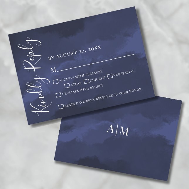 Blått Bröllop OSA för elegantens vattenfärg Inbjudningar (Elegant Watercolor Navy Blue Wedding RSVP Card)