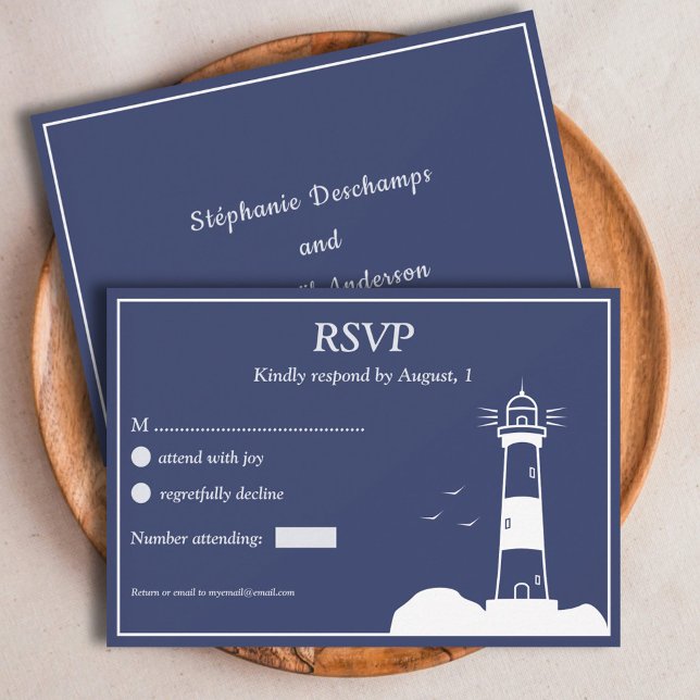 Blått Bröllop OSA för fyrverkeripjäs Kort (Lighthouse Navy Blue Wedding RSVP Card)