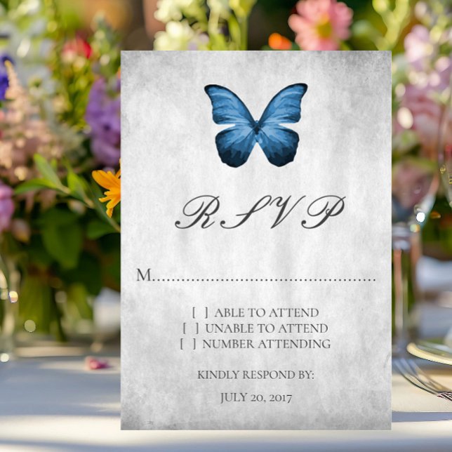 Blått Bröllop OSA Kort (Blue Butterfly Wedding RSVP Card)