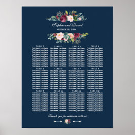 Blått Bröllop-sätesdiagram för Blommigten Burgundy Poster