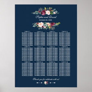 Blått Bröllop-sätesdiagram för Blommigten Burgundy Poster
