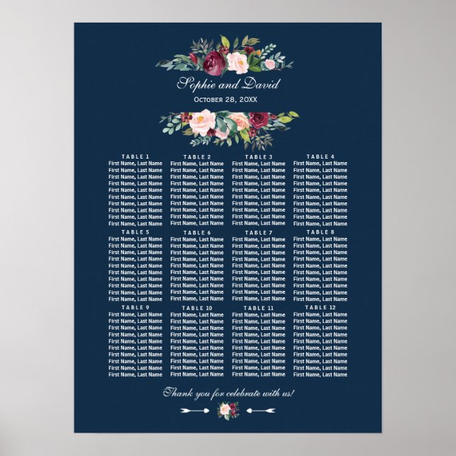 Blått Bröllop-sätesdiagram för Blommigten Burgundy Poster (Framsidan)