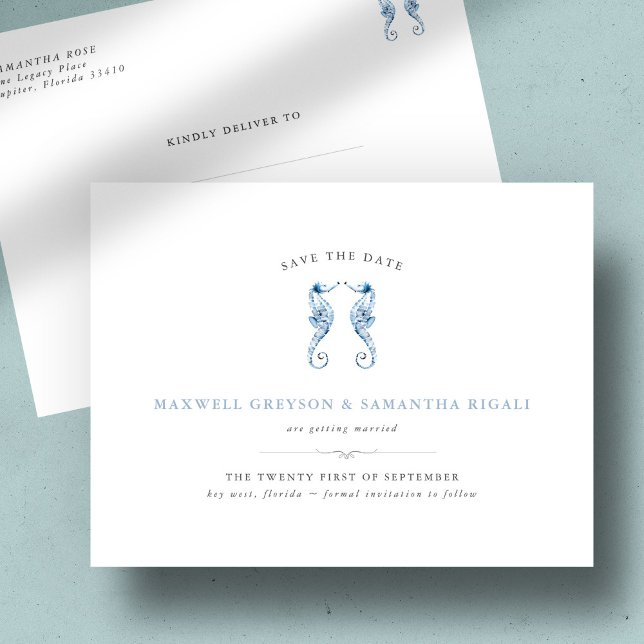 Blått Bröllop-vattenfärgsvilt Spara datum Vykort (wedding invitations beach blue seahorses watercolor destination wedding)