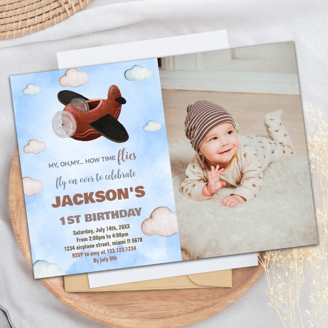 Blått brun W-foto på flygplanet Inbjudningar (Airplane Birthday Invitations Blue Brown W Photo)