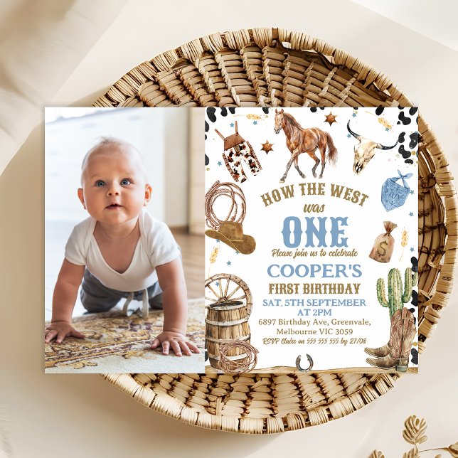 Blått brunt foto Hur Västern var en första födelse Inbjudningar (How The West Was One 1st Birthday Invitation With Horse, Cowboy 1st Birthday Invitation Template)