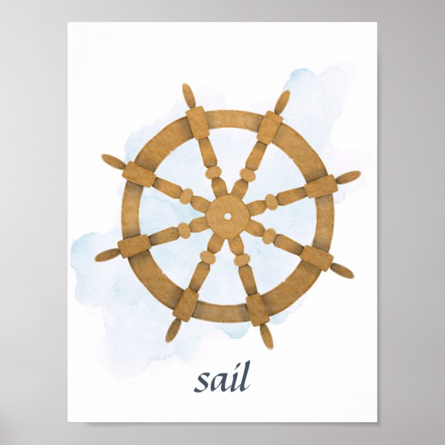 Blått Brunt Ratt till Fartygsroder Marin Ocean-tem Poster (Framsidan)