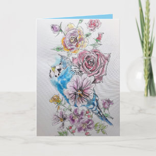 Blått Budgie Bird Ro Watercolor Birthday Card Kort