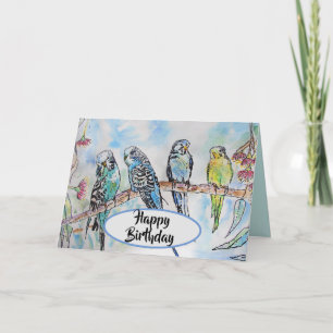 Blått Budgie Budgies Watercolor Painting Bird Card Kort