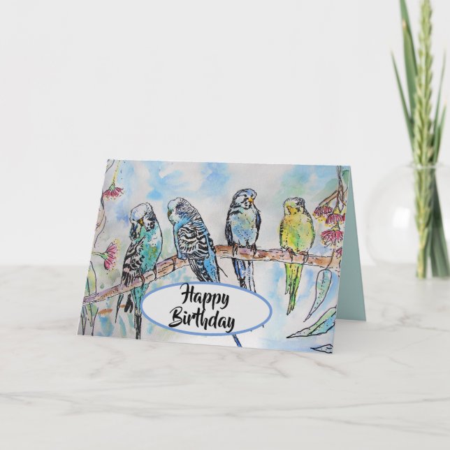 Blått Budgie Budgies Watercolor Painting Bird Card Kort (Framsida)