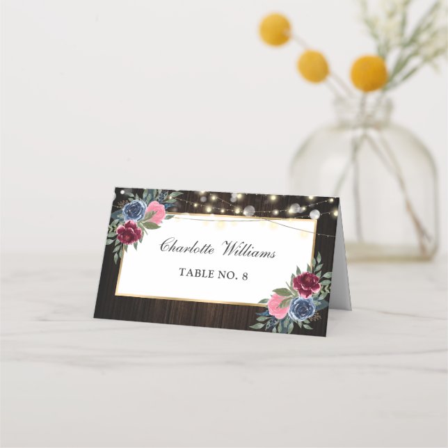 Blått Burgundy Rosa Blommigt Bröllop-platskort Placeringskort (Framsida)