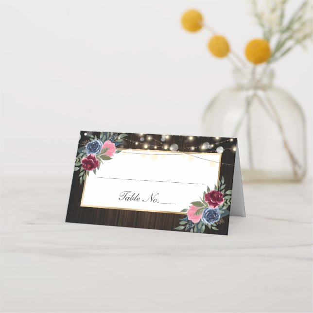 Blått Burgundy Rosa Blommigt Bröllop-platskort Placeringskort (Framsida)