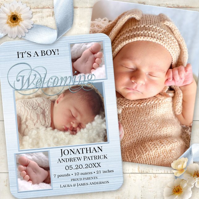 Blått Burlap Baby födelsekort för födelsetal Tack Kort (Elegant birth announcement card featuring custom photos on pastel blue burlap)