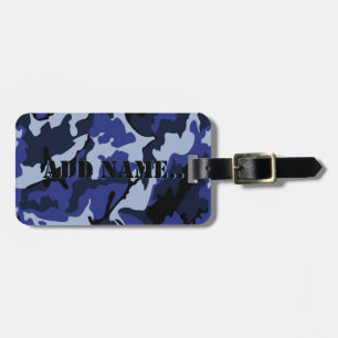 Blått Camo tillfogar namn, bagagemärkre med läder Bagagebricka