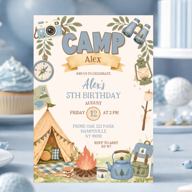 Blått campingtema flicka födelsedag inbjudningar (Skapare uppladdad)