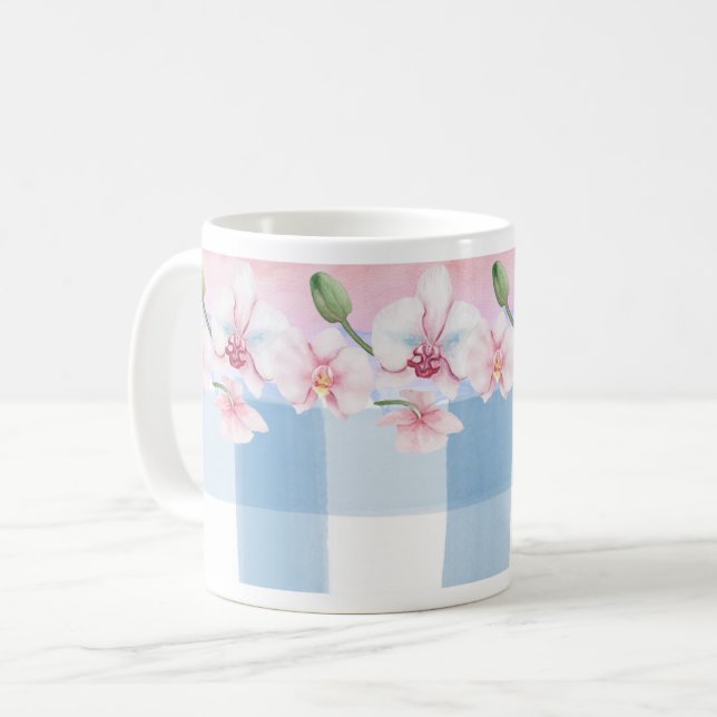 Blått check Orchid-Blommigt Kaffemugg (Framsida vänster)