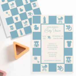 Blått checkad inbjudan till babyvisningsprogram