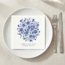 Blått Chinoiserie Bouquet Bröllopsnamn och datum Pappersservett