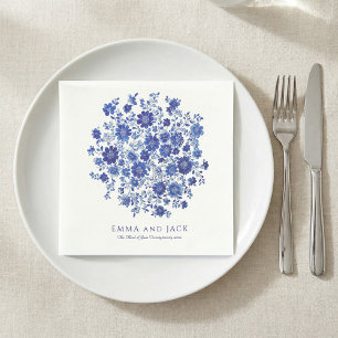 Blått Chinoiserie Bouquet Bröllopsnamn och datum Pappersservett