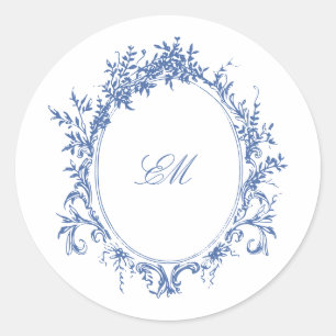 Blått Chinoiserie Monogram Vapen Bröllopslogo Runt Klistermärke