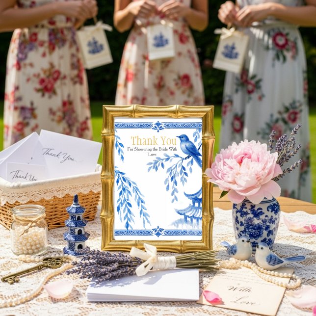 Blått Chinoiserie "Tack" Skylt Inbjudningar (Blue Chinoiserie "Thank You" Sign Invitation)
