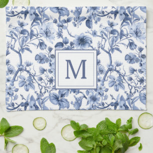 Blått Chinoiserie Toile-mönster Monogram Kökshandduk