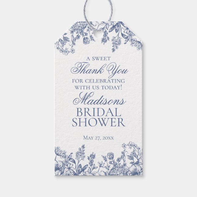 Blått Chinoiserie Vintage Blomster Bröllopsdusch Presentetikett (Framsidan)