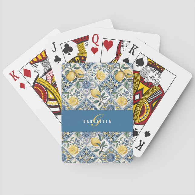 Blått Citron Vattenfärg Monogram Namn Casinokort (Baksidan)