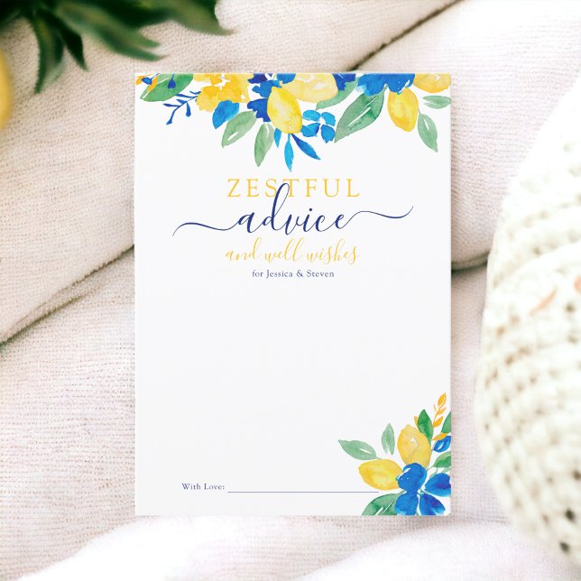 Blått citroner, blommigt, vattenfärgsråd, möhippa inbjudningar (Blue yellow lemons floral watercolor bridal advice card invitation)