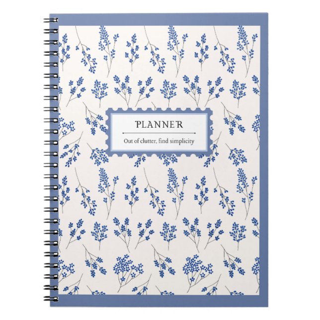 Blått Cream Elegant Blommönster Planner Organisera Anteckningsbok (Framsidan)