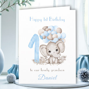 Blått cute Elephant Balloations 1:a födelsedagen Kort