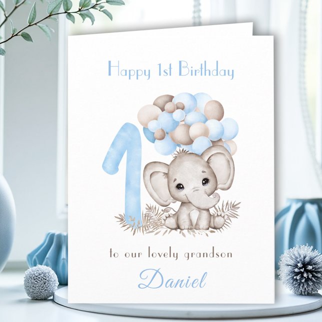 Blått cute Elephant Balloations 1:a födelsedagen Kort (1st Birthday Boy Blue Cute Elephant Balloons Card)