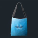 Blått cyan-övertoningsgeometriskt nät mönster Mono Axelväska<br><div class="desc">Monogram Anpassa med din anpassningsbar från början och namn. Triangelns geometriska nät med ljusövertoning av mörk blått typ: mönster,  ombre,  nät,  trianglar,  geometri,  geometri,  övertoning,  coola,  triangel,  ljusblå,  cyan</div>