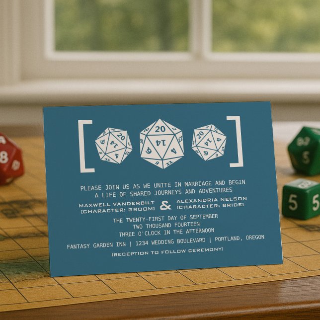 Blått D20 Dice Gamer bröllopsinbjudan Inbjudningar (Blue D20 Dice Gamer Wedding Invitation)