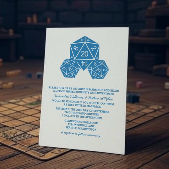 Blått D20 Dice Wedding-inbjudan Inbjudningar (Blue D20 Dice Wedding Invite)