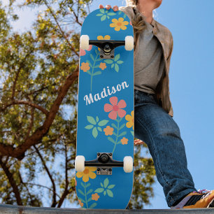 Blått Daisy Vintage Bouquet Mönster Skateboard